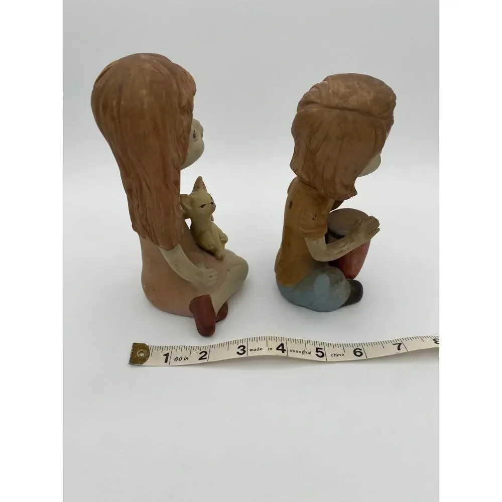 Vintage 1970s Ceramic Boy & Girl Figurine Cat Drum Set of 2